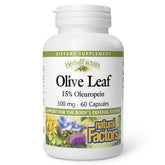 Natural Factors Feuille Olivier 500 mg – boîte avant, soutien potentiel du bien-être