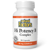 Natural Factors Hi Potency B Complex – bouteille close-up, soutien potentiel d'énergie.
