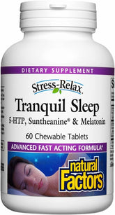 Natural Factors Tranquil Sleep : boîte et emballage, routine nocturne apaisante.