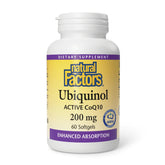 Natural Factors Ubiquinol 200 mg, bouteille de capsules molles, soutien énergie et antioxydant.