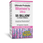 Natural Factors Ultimate Probiotic Femmes Ultra 55 Milliards – bouteille avec capsules végétariennes soutenant la digestion.