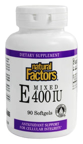 Natural Factors Vitamine E 400 UI, bouteille et gelules, soutien antioxydant potentiel.