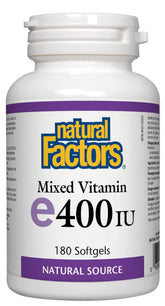 Natural Factors vitamine E 400 UI – bouteille sur fond blanc – soutien potentiel des membranes cellulaires.