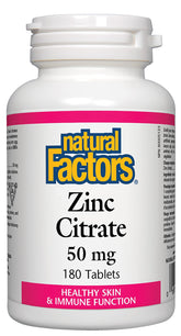 Natural Factors Zinc Citrate: bouteille de comprimés 50 mg, soutien potentiel pour la peau et l'immunité.
