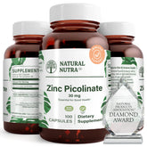 Natural Nutra Zinc Picolinate – bouteille ambrée pour meilleure conservation des gélules.