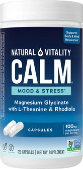 Bouteille Natural Vitality Calm montrant les capsules, soutien potentiel à l'humeur et au stress.