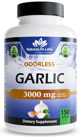 NaturaLife Labs Ail sans odeur, bouteille de 150 gélules et équivalent 3 000 mg par portion.