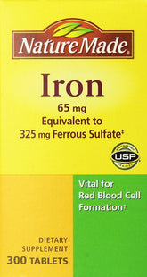 Nature Made Iron 65 mg, comprimé dans une bouteille, soutien potentiel des besoins en fer.