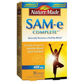 Nature Made Sam-e Complete sur bouteille, symbole d'équilibre émotionnel potentiel et confort articulatoire.