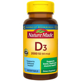 Nature Made Vitamine D3 2000 UI, bouteille gélules, soutien des os et des dents.