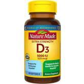 Nature Made Vitamine D3 5000iu, bouteille visible, soutien potentiel des os et immunité.
