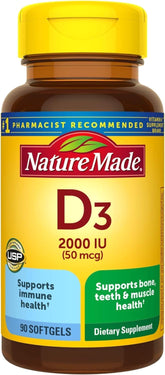 Nature Made Vitamine D3, 90 gélules molles, soutien immunitaire potentiel et os sain.