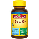 Nature Made D3 K2, bouteille de gélules molles, soutien potentiel des os et immunité.