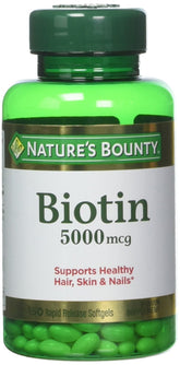 Biotine Nature's Bounty 5000 mcg, emballage pratique en pack de 2 pour routine quotidienne.