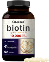 NatureBell Biotine 10000mcg avec acide hyaluronique 25mg dans une bouteille, soutien nutritif potentiel.