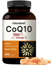 NatureBell CoQ10 Omega-3: bouteille montrant la formule antioxydante pour le cœur et l'énergie.