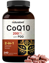 NatureBell CoQ10-PQQ, bouteille élégante suggérant énergie et soutien cardiaque.