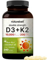 NatureBell D3/K2, gélules en bouteille, soutien potentiel des os et du système immunitaire.