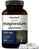 NatureBell magnésium glycinate pur 500 mg, flacon de 240 capsules, facilité d'utilisation.