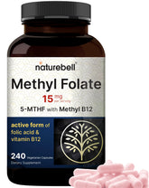 NatureBell Methyl Folate en bouteille, étiquette visible, soutien énergie potentiel.