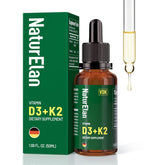 NaturElan D3 K2, bouteille gouttes, soutien potentiel à la santé des os et immunitaire.