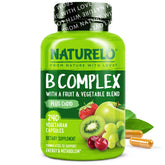 NATURELO Vitamin B Complexe — bouteille et versement, énergie potentielle.