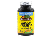 Nature's Blend carbonate de calcium 600 mg avec D3, bouteille vue de face, soutien possible pour l'ossature