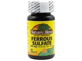 Nature's Blend ferreux sulfate tablettes 325 mg prise quotidienne avec repas pour soutenir l’énergie.