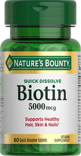 Tablettes biotine Nature's Bounty 5000 mcg, dissolution rapide pour une prise pratique au quotidien.