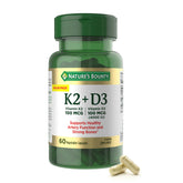 Nature’s Bounty D3 K2 — vue de la bouteille, soutien potentiel pour la santé osseuse.