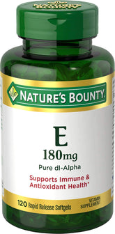 Nature's Bounty E-400IU D-Alpha, bouteille avec étiquette indiquant un soutien potentiel à la peau