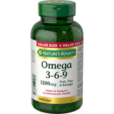 Nature's Bounty Omega-3-6-9 flacon devant, soutien potentiel à la santé cardiovasculaire.