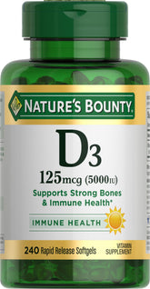 Nature's Bounty Vitamine D3 5000 UI: bouteille à libération rapide pour soutien quotidien.