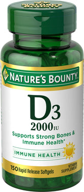 Nature's Bounty Vitamine D3, bouteille 2000UI, soutien potentiel à l'immunité et à la santé des os.