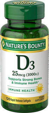 Nature's Bounty Vitamine D3 softgels, bouteille prête à l'emploi pour le soutien immunitaire quotidien.