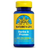 Nature's Life Herbs & Prunes, bouteille ouverte, soutien quotidien naturel grâce aux plantes.