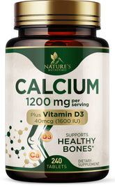 Nature's Nutrition Calcium 1200 mg + D3 – comprimés et flacon, soutien potentiel des os et des dents.