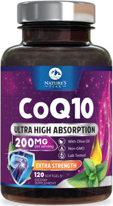 Nature's Peak CoQ10 200 mg, capsules molles faciles à avaler pour énergie quotidienne.