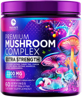 Nature's Peak Poudre champignons 11-en-1 en bouteille, usage quotidien.