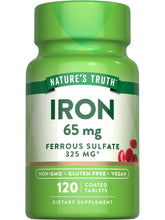 Nature's Truth comprimés ferreux 65 mg en bouteille, soutien possible à la production des globules rouges.