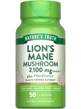 Nature's Truth Lions Mane capsules sur boîte, soutien cognitif potentiel et formulation vegan.