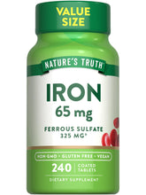 Nature's Truth, bouteille de tablettes fer 65 mg, pratique et durable.