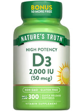 Nature's Truth Vitamine D3 2000 UI – bouteille de 300 gélules pour usage quotidien pratique.