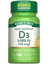 Nature's Truth D3 5000 UI gélules dans bouteille, pratique pour la routine quotidienne.
