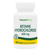 NaturesPlus Bétaïne Chlorhydrate 600 mg dans une bouteille, soutien potentiel à la digestion.