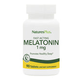 Bouteille NaturesPlus Mélatonine 1 mg sur table, soutien potentiel au repos.