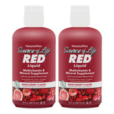 NaturesPlus Source de Vie Rouge: bouteille rouge illustrant énergie et soutien immunitaire.