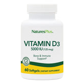 NaturesPlus vitamine D3 5000 UI bouteille, apport quotidien pratique.