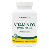 NaturesPlus Vitamine D3 5000 UI, bouteille véganes et comprimés visibles.