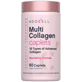 NeoCell Multi Collagen caplets sur bouteille fermée, soutien potentiel à la peau et cheveux.